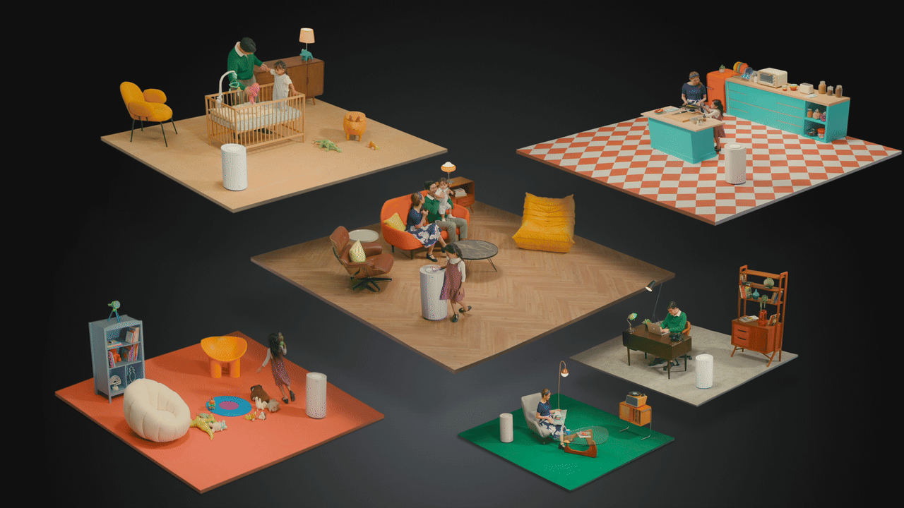 Lifestyle scenes of the Coway Studio and Suite air purifiers in everyday rooms