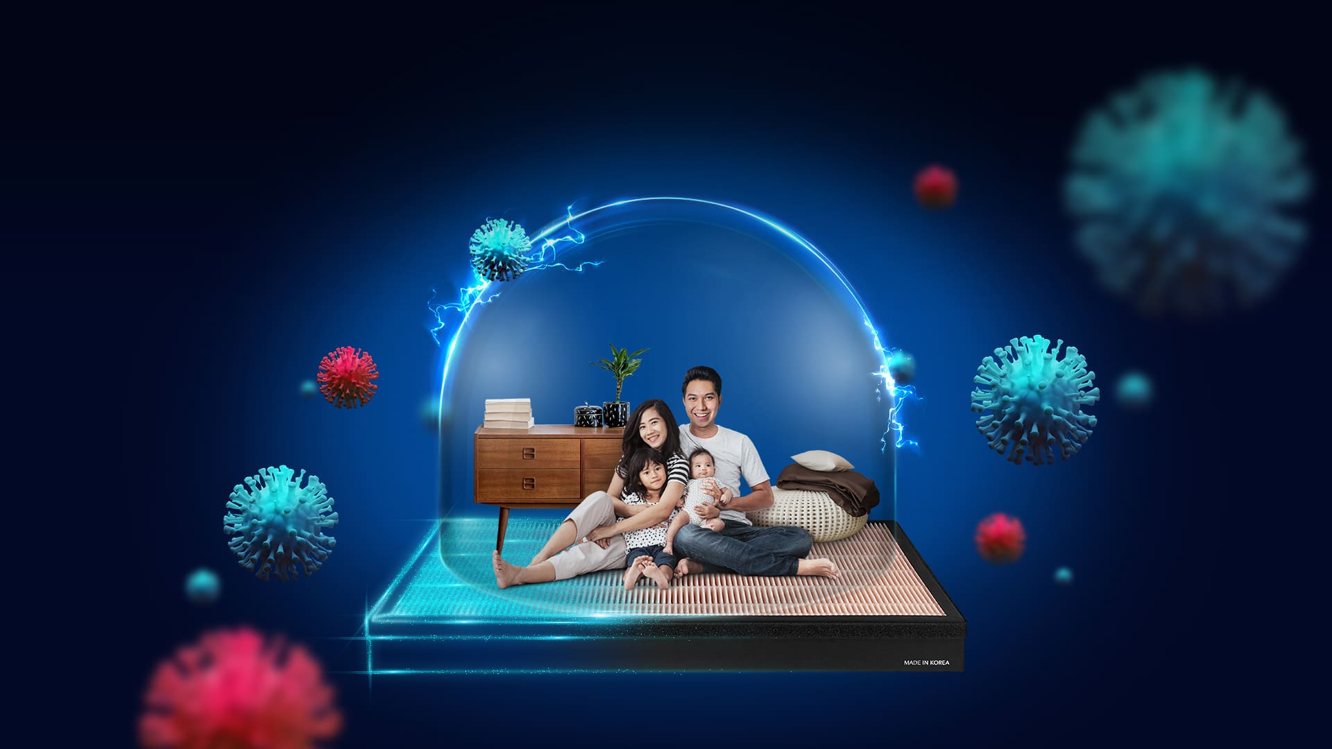 A family protected inside a glowing dome surrounded by virus particles, illustrating Double HEPA protection