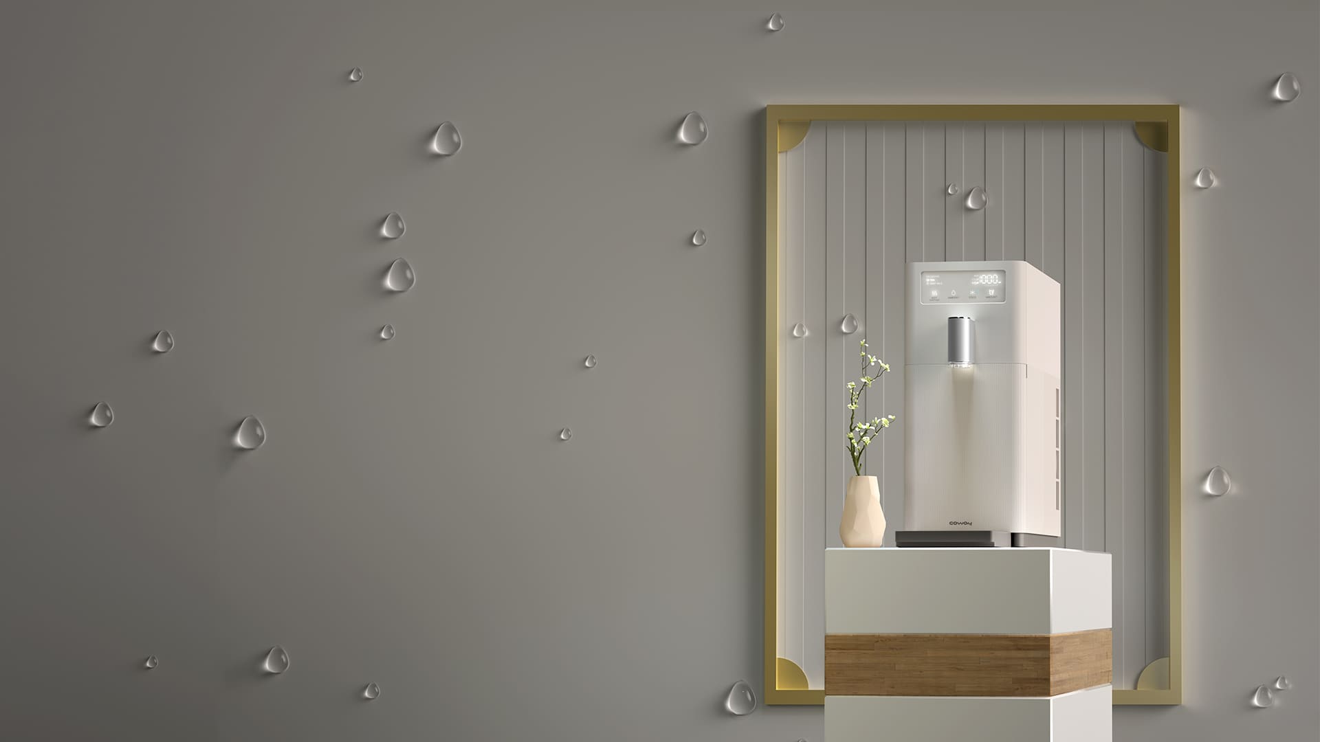 Coway water purifier on a pedestal surrounded by water droplets
